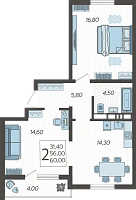 2-комнатная квартира №4, 60.0000 м²
