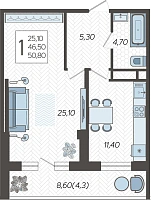 1-комнатная квартира №89, 50.8000 м²