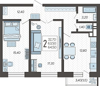 2-комнатная квартира №9, 64.5000 м²