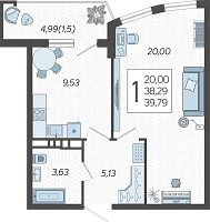 1-комнатная квартира №93, 39.7900 м²