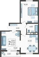 2-комнатная квартира №222, 61.2000 м²