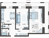 2-комнатная квартира №225, 64.5000 м²