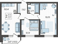 2-комнатная квартира №1649, 61.3900 м²
