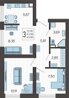 3-комнатная квартира №13, 43.9800 м²