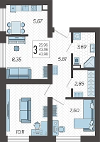3-комнатная квартира №13, 43.9800 м²