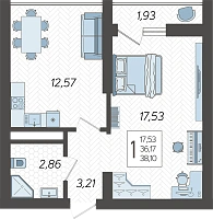 1-комнатная квартира №266, 38.1000 м²