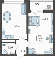 1-комнатная квартира №114, 38.1400 м²