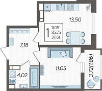 1-комнатная квартира №1220, 37.6100 м²