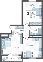 2-комнатная квартира №273, 60.4000 м²