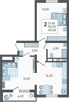 2-комнатная квартира №391, 60.0000 м²