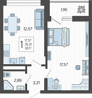 1-комнатная квартира №50, 38.1700 м²