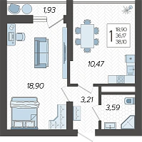 1-комнатная квартира №224, 38.1000 м²