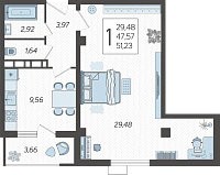 1-комнатные апартаменты №60, 51.1300 м²