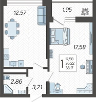 1-комнатная квартира №98, 38.1700 м²