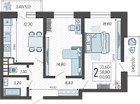 2-комнатная квартира №5, 60.8000 м²