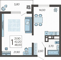 1-комнатная квартира №50, 48.0000 м²