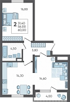 2-комнатная квартира №6, 60.0000 м²