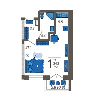 Студия №304, 35.1000 м²