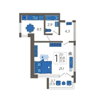 1-комнатная квартира №73, 37.9000 м²