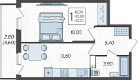 1-комнатная квартира №129, 43.7000 м²
