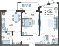 2-комнатные апартаменты №32, 60.9600 м²