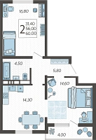 2-комнатная квартира №9, 60.0000 м²