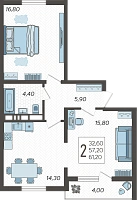 2-комнатная квартира №7, 61.8000 м²