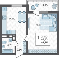 1-комнатная квартира №19, 48.0000 м²