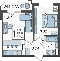 1-комнатная квартира №1312, 37.0300 м²