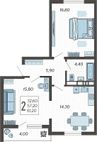2-комнатная квартира №72, 61.2000 м²