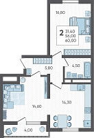 2-комнатная квартира №314, 60.0000 м²